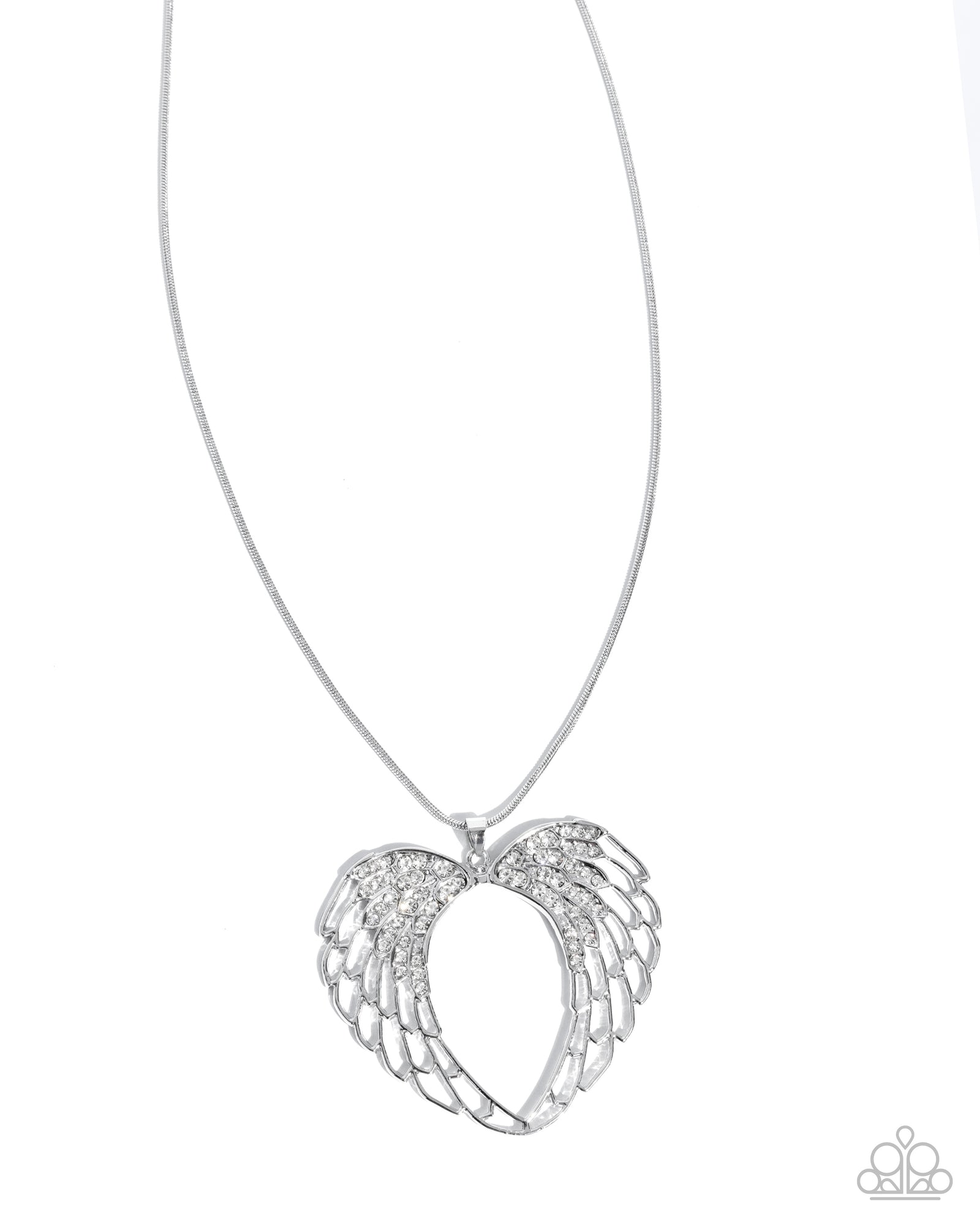 Angelic Accuracy White Rhinestone & Silver Angel Wing Heart Necklace - Paparazzi Accessories- lightbox - CarasShop.com - Paparazzi Jewelry by Cara Jewels