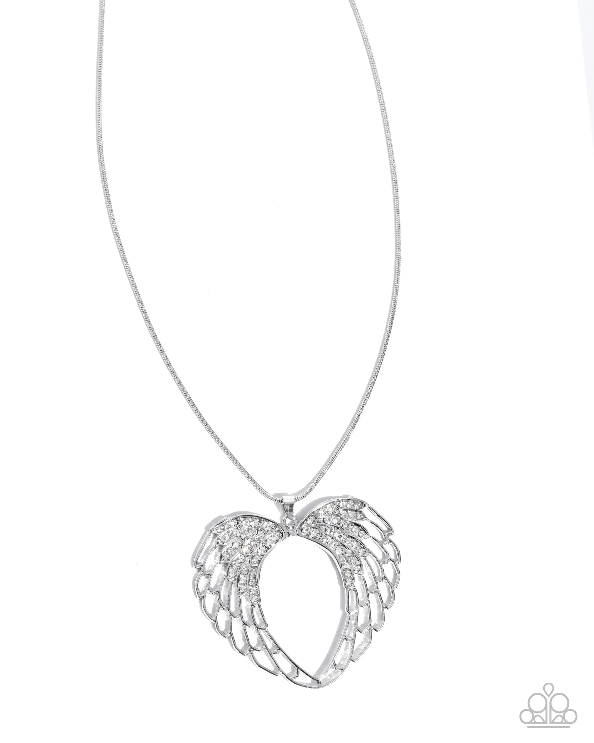 Angelic Accuracy White Rhinestone & Silver Angel Wing Heart Necklace - Paparazzi Accessories- lightbox - CarasShop.com - Paparazzi Jewelry by Cara Jewels