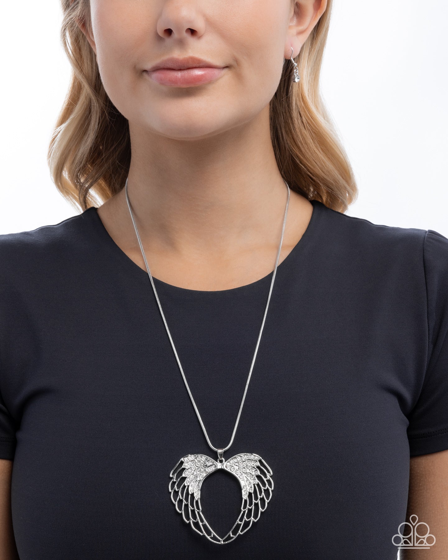 Angelic Accuracy White Rhinestone & Silver Angel Wing Heart Necklace - Paparazzi Accessories- lightbox - CarasShop.com - Paparazzi Jewelry by Cara Jewels