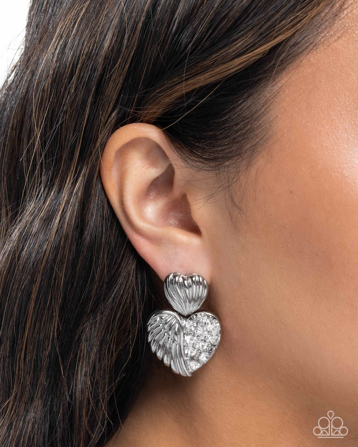Angelic Adornment White Rhinestone Heart Earrings - Paparazzi Accessories-on model - CarasShop.com - Paparazzi Jewelry by Cara Jewels