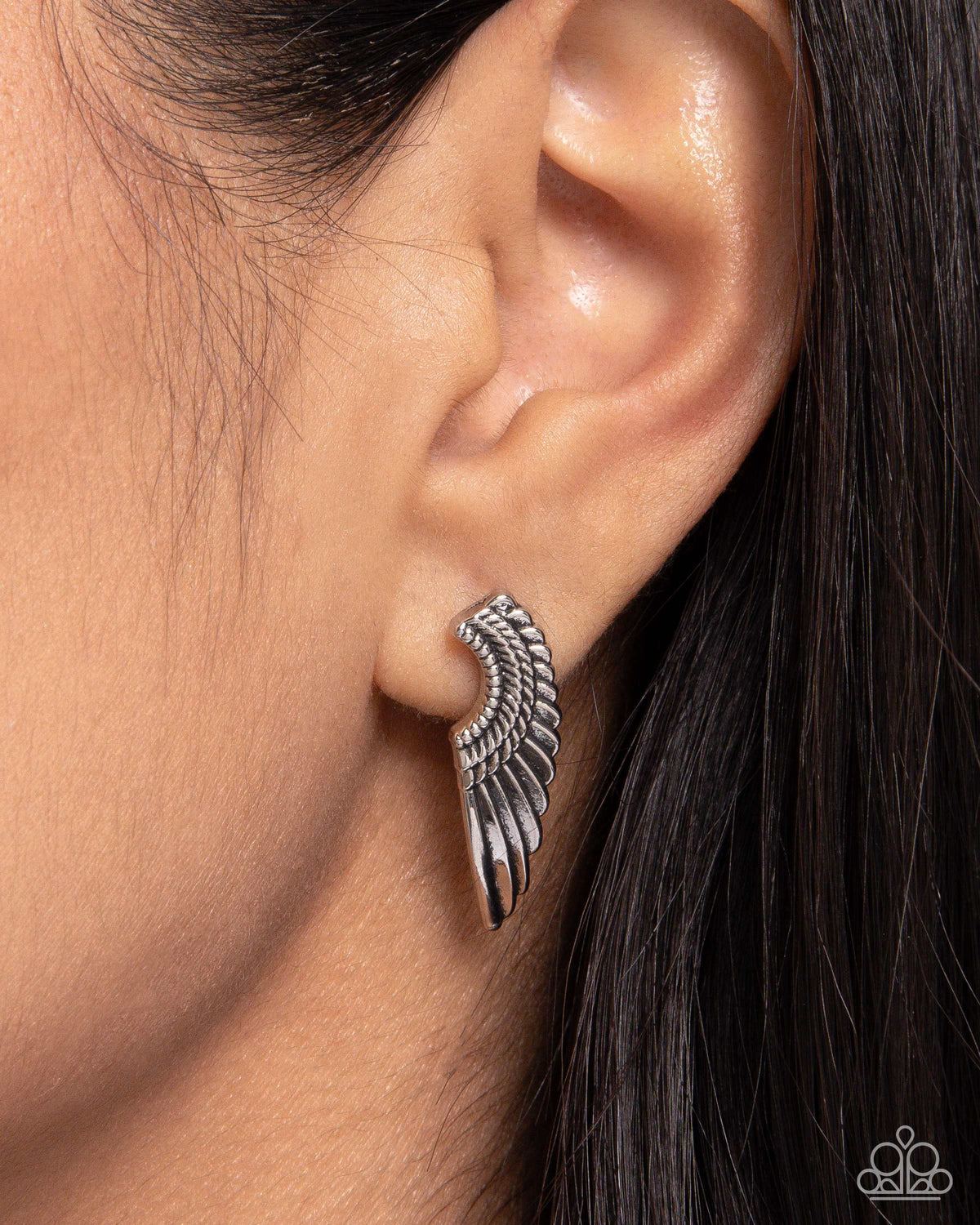 Angelic Altitude Silver Angel Wing Post Earrings - Paparazzi Accessories- on model - CarasShop.com - Paparazzi Jewelry by Cara Jewels