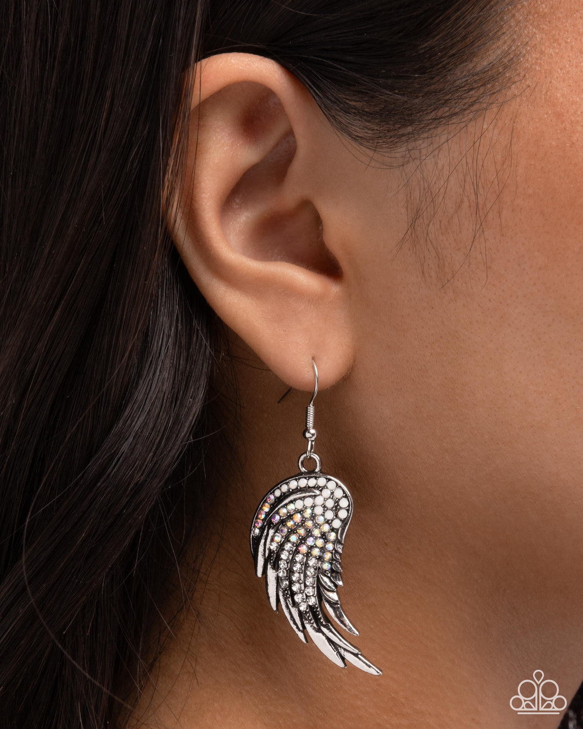 Angelic Appeal White Rhinestone Angel Wing Earrings - Paparazzi Accessories-on model - CarasShop.com - Paparazzi Jewelry by Cara Jewels