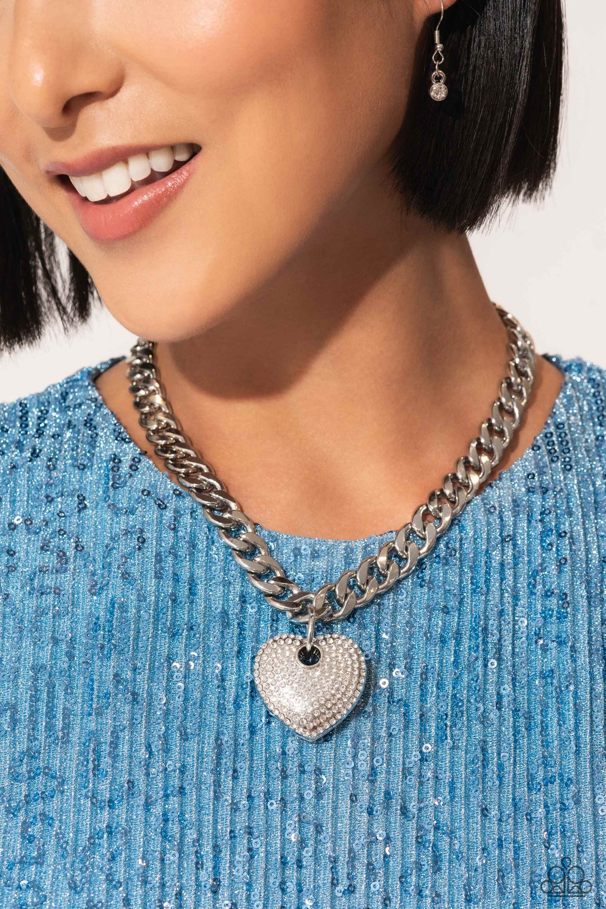 Ardent Affection White Rhinestone Heart Necklace - Paparazzi Accessories- on model - CarasShop.com - Paparazzi Jewelry by Cara Jewels