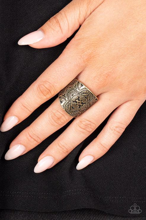 Argentine Arches Brass Ring - Paparazzi Accessories- on model - CarasShop.com - Paparazzi Jewelry by Cara Jewels