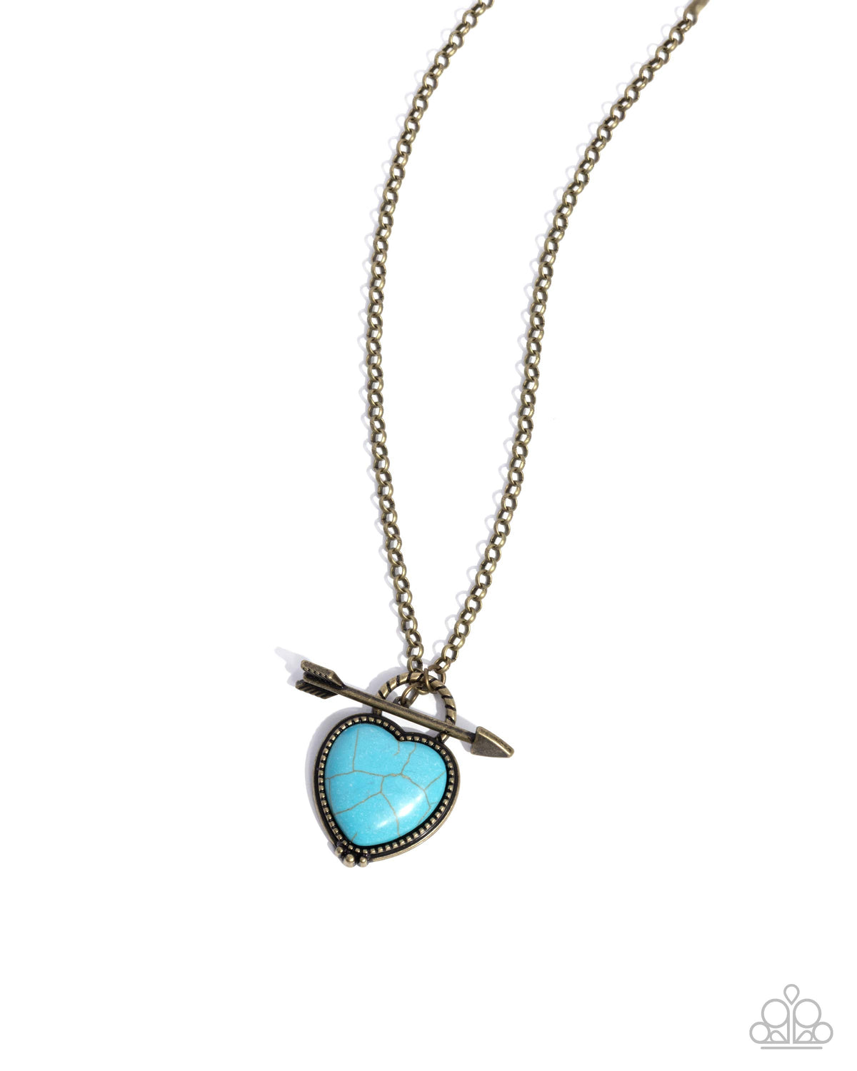 Artful Arrow Brass & Turquoise Stone Heart Necklace - Paparazzi Accessories- lightbox - CarasShop.com - Paparazzi Jewelry by Cara Jewels