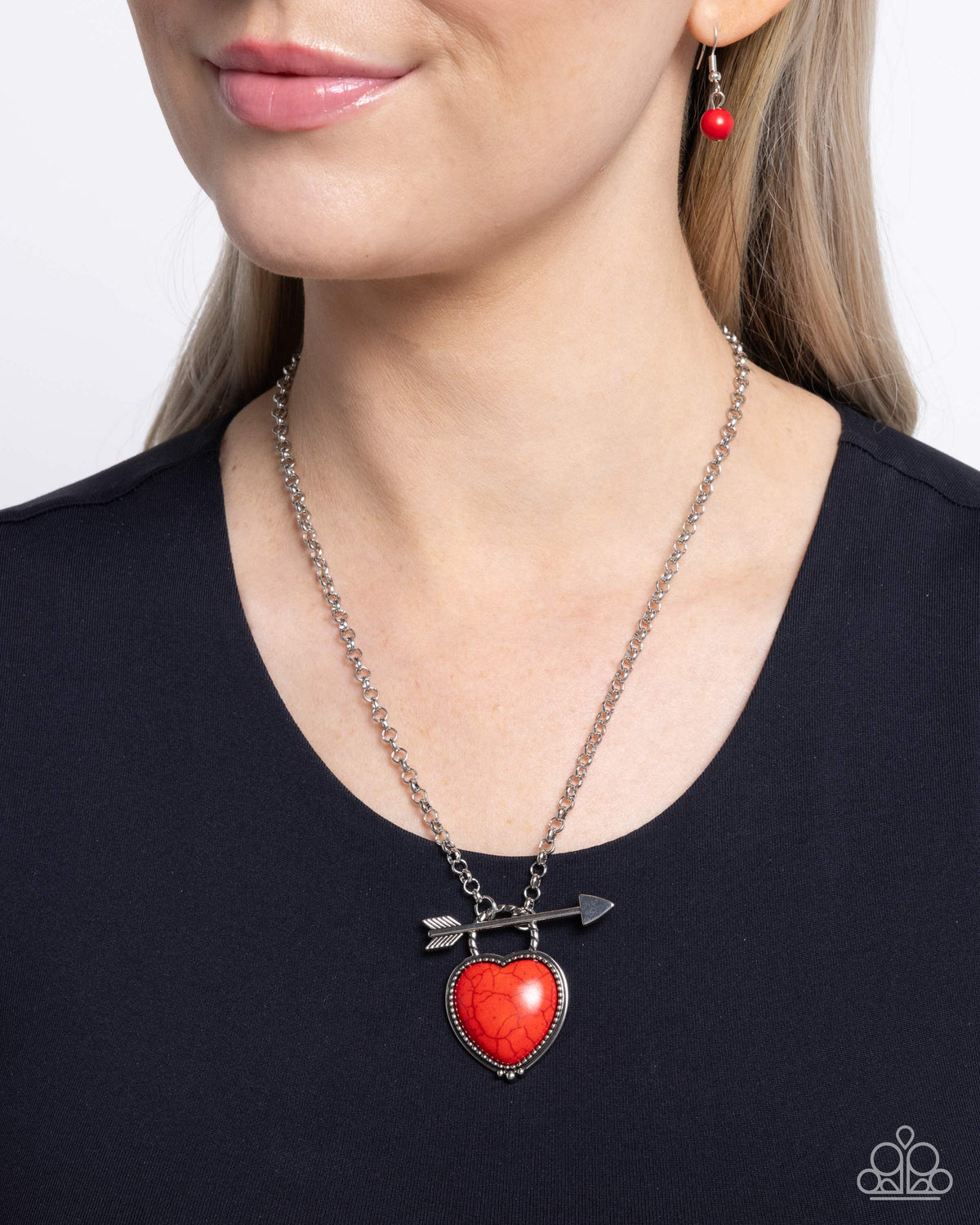 Artful Arrow Red Stone Heart Necklace - Paparazzi Accessories- on model - CarasShop.com - Paparazzi Jewelry by Cara Jewels