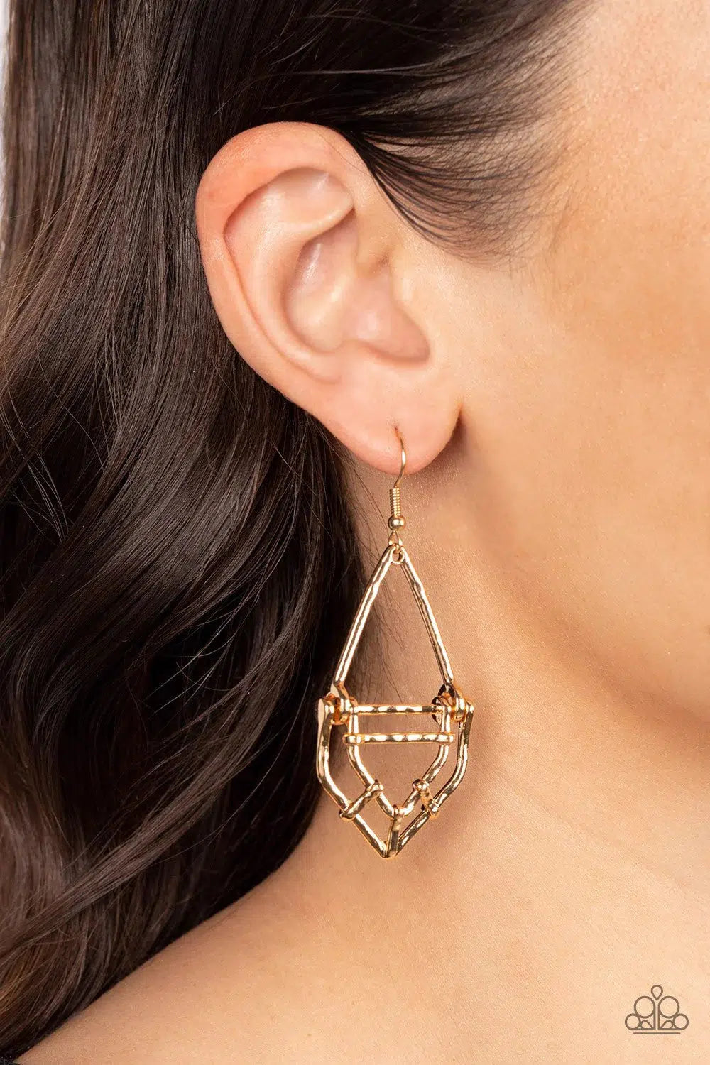 Artisan Apparatus Gold Earrings - Paparazzi Accessories- on model - CarasShop.com - Paparazzi Jewelry by Cara Jewels
