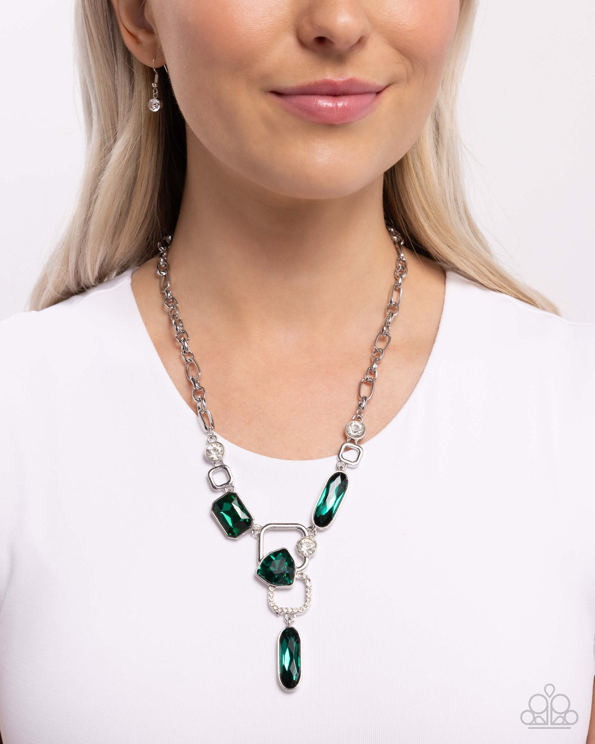 Artistic Elegance Green Rhinestone Necklace - Paparazzi Accessories- on model - CarasShop.com - Paparazzi Jewelry by Cara Jewels