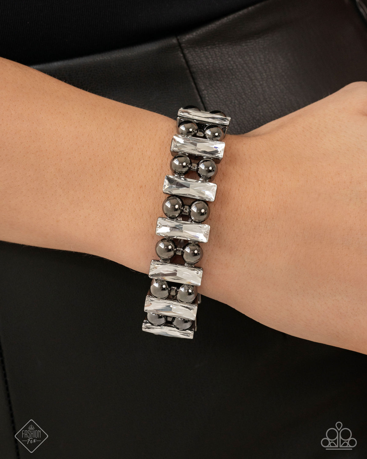 Assertive Admiration Gunmetal Black & White Rhinestone Bracelet - Paparazzi Accessories-on model - CarasShop.com - Paparazzi Jewelry by Cara Jewels