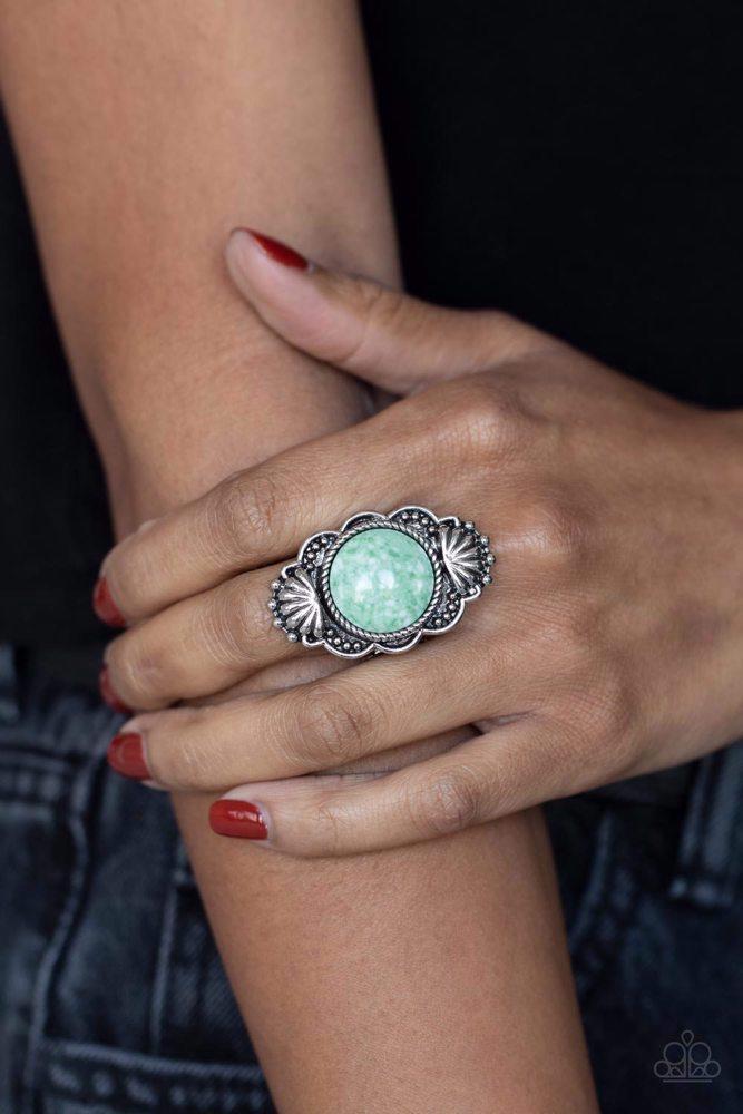 Atlantis Adventure Green Ring - Paparazzi Accessories- on model - CarasShop.com - Paparazzi Jewelry by Cara Jewels
