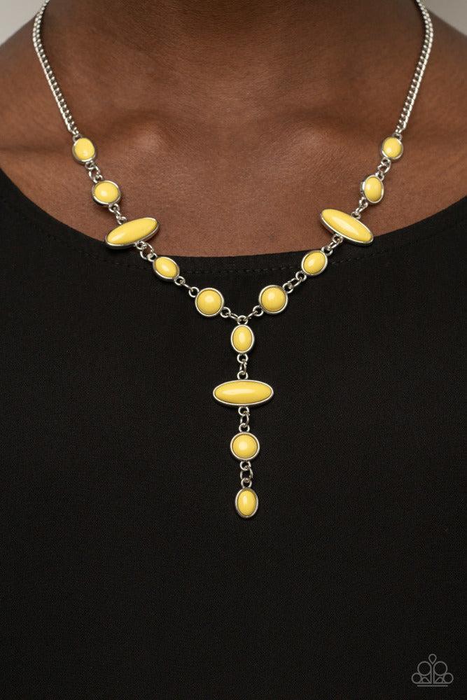 Authentically Adventurous Yellow Necklace - Paparazzi Accessories- on model - CarasShop.com - Paparazzi Jewelry by Cara Jewels