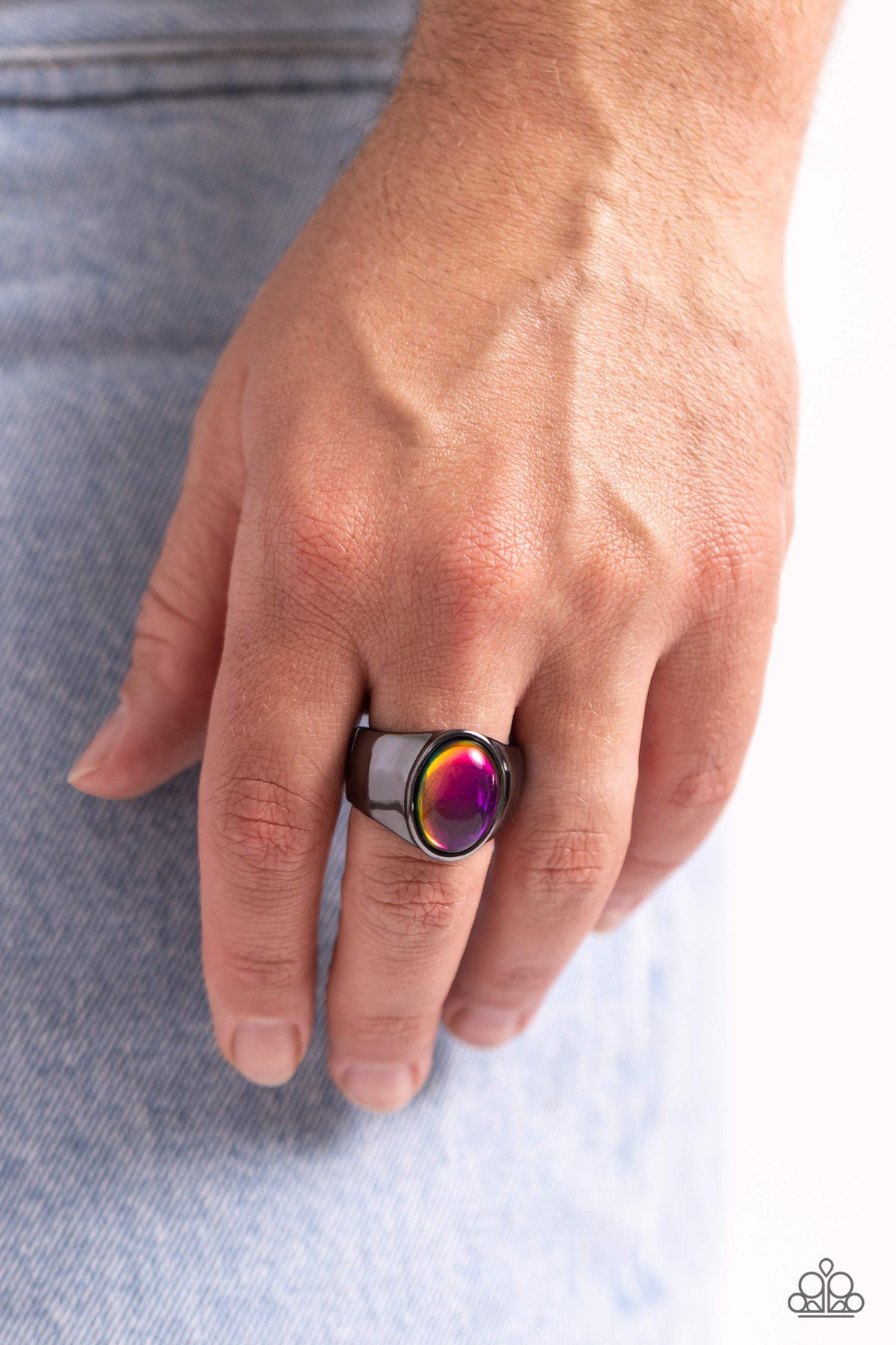 Avant-Garde Age Multi Oil Spill Men's Ring - Paparazzi Accessories- on model - CarasShop.com - Paparazzi Jewelry by Cara Jewels