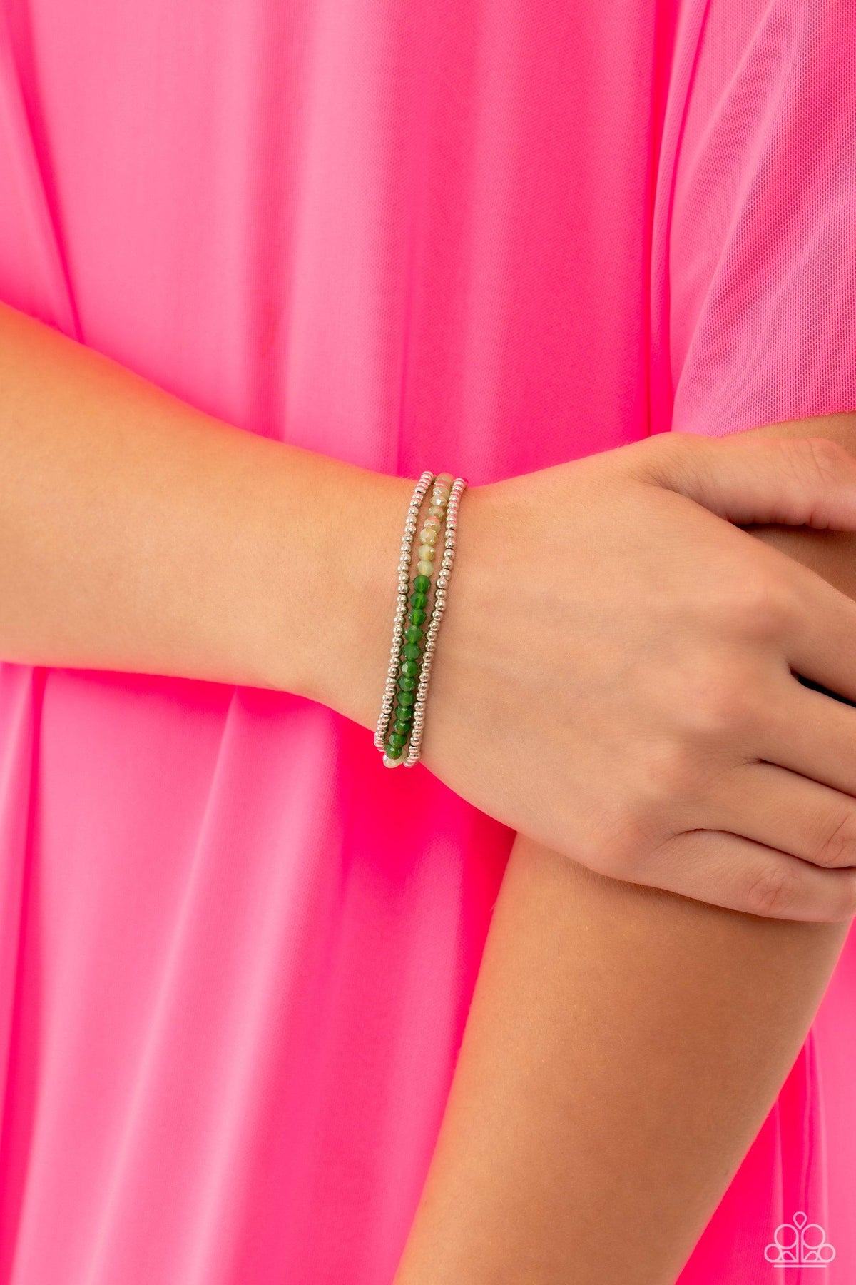 Backstage Beading Green Bracelet - Paparazzi Accessories- on model - CarasShop.com - Paparazzi Jewelry by Cara Jewels