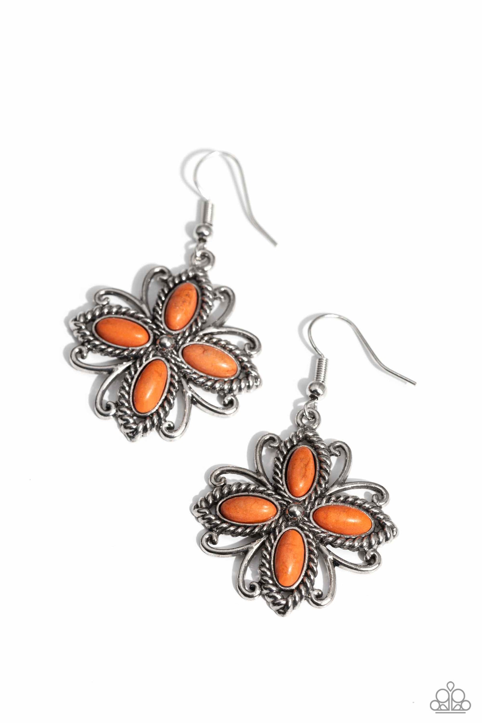 Badlands Ballad Orange Stone Floral Earrings - Paparazzi Accessories- lightbox - CarasShop.com - Paparazzi Jewelry by Cara Jewels