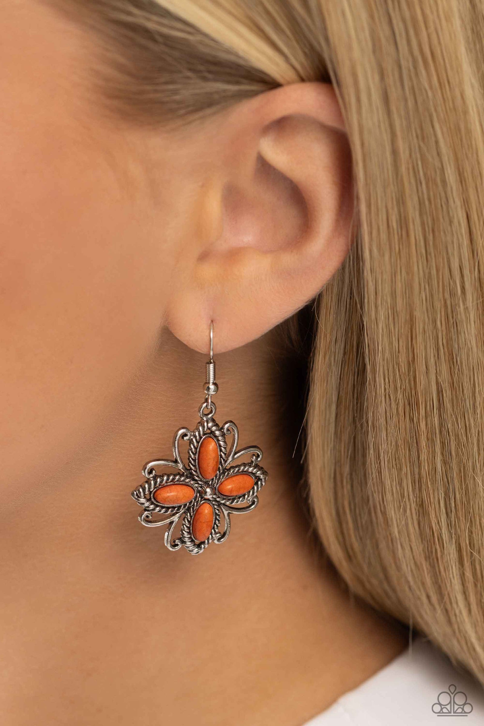 Badlands Ballad Orange Stone Floral Earrings - Paparazzi Accessories- lightbox - CarasShop.com - Paparazzi Jewelry by Cara Jewels