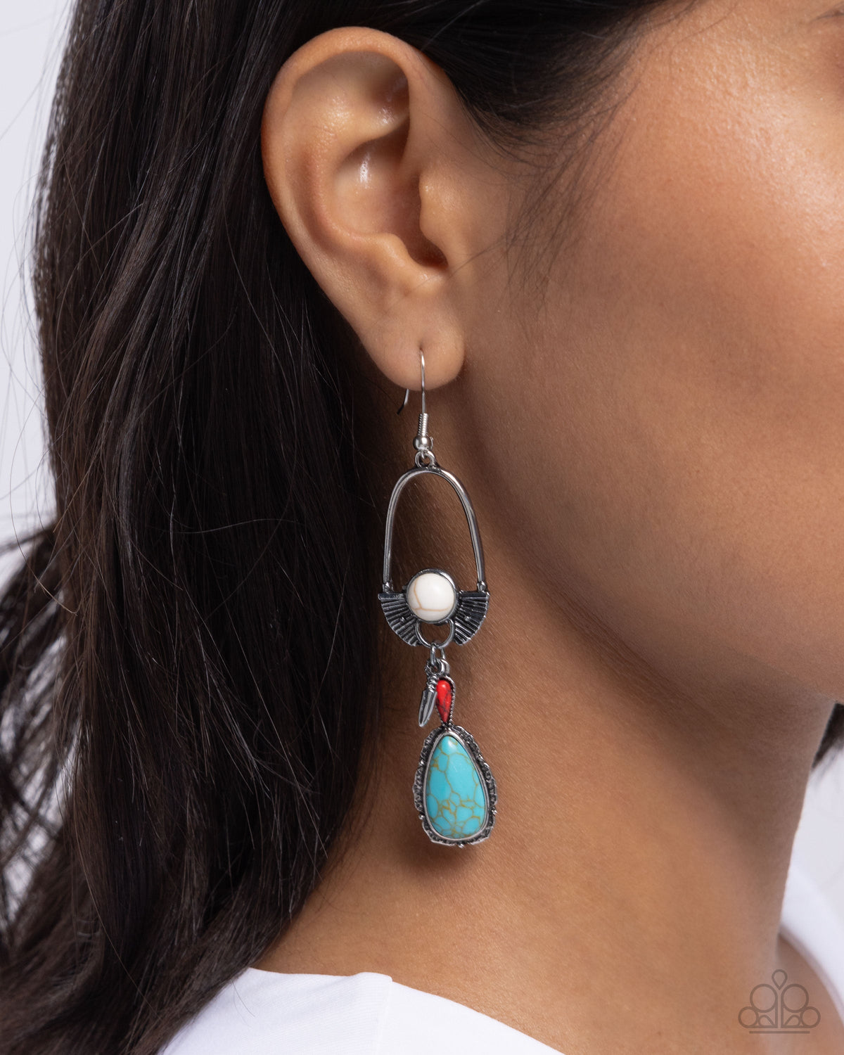 Badlands Basic Multi Turquoise & White Stone Earrings - Paparazzi Accessories- on model - CarasShop.com - Paparazzi Jewelry by Cara Jewels