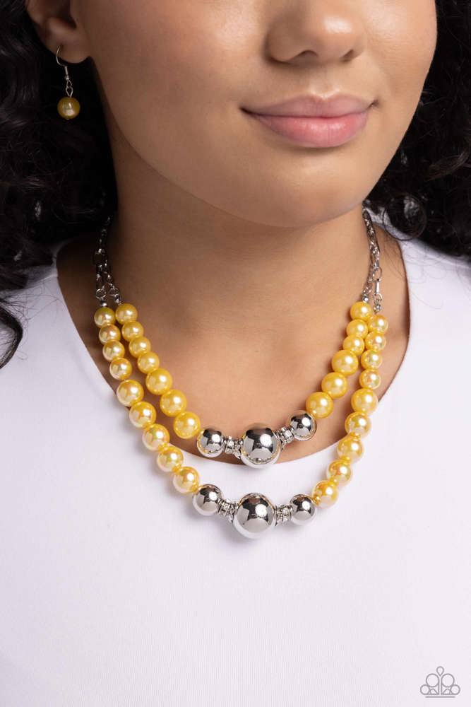 Ballroom Balance Yellow Necklace - Paparazzi Accessories-on model - CarasShop.com - Paparazzi Jewelry by Cara Jewels