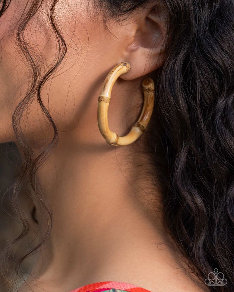 Bamboo Bravado Brown Hoop Earrings - Paparazzi Accessories-on model - CarasShop.com - Paparazzi Jewelry by Cara Jewels