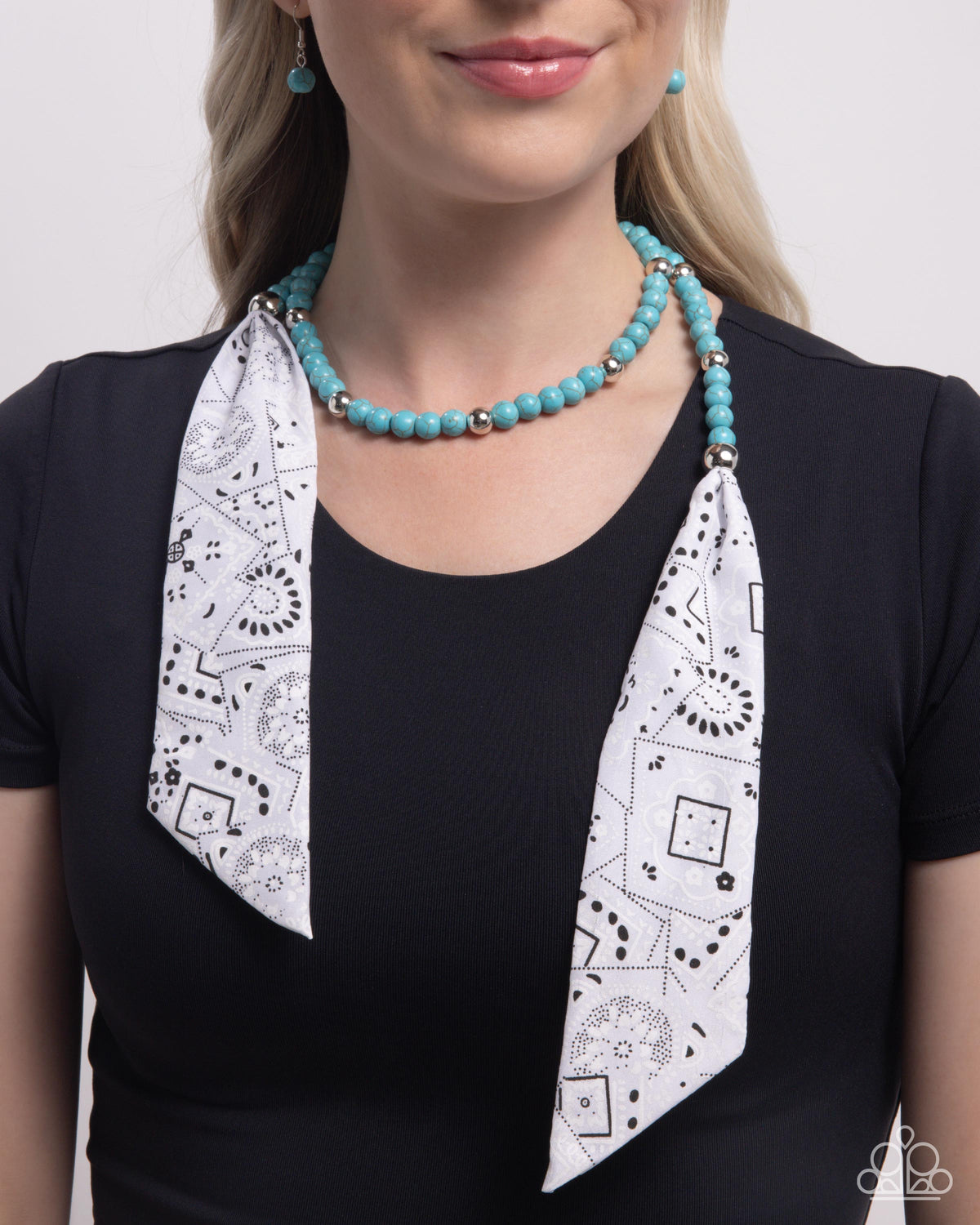Bandana Ballad Turquoise Blue Stone and White Necklace - Paparazzi Accessories- on model - CarasShop.com - Paparazzi Jewelry by Cara Jewels