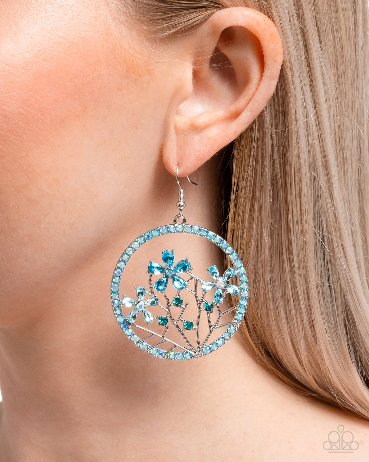 Basic Bouquet Blue Rhinestone Floral Earrings - Paparazzi Accessories- on model - CarasShop.com - Paparazzi Jewelry by Cara Jewels