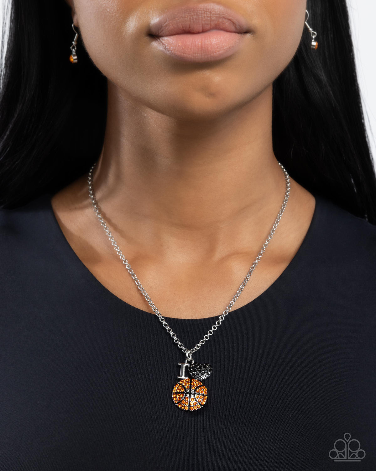 Basketball Balance Orange & Black Rhinestone Necklace - Paparazzi Accessories- on model - CarasShop.com - Paparazzi Jewelry by Cara Jewels