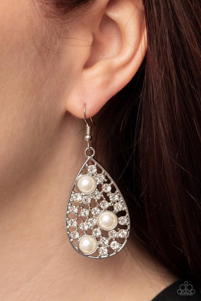 Bauble Burst White Earrings - Paparazzi Accessories- on model - CarasShop.com - Paparazzi Jewelry by Cara Jewels