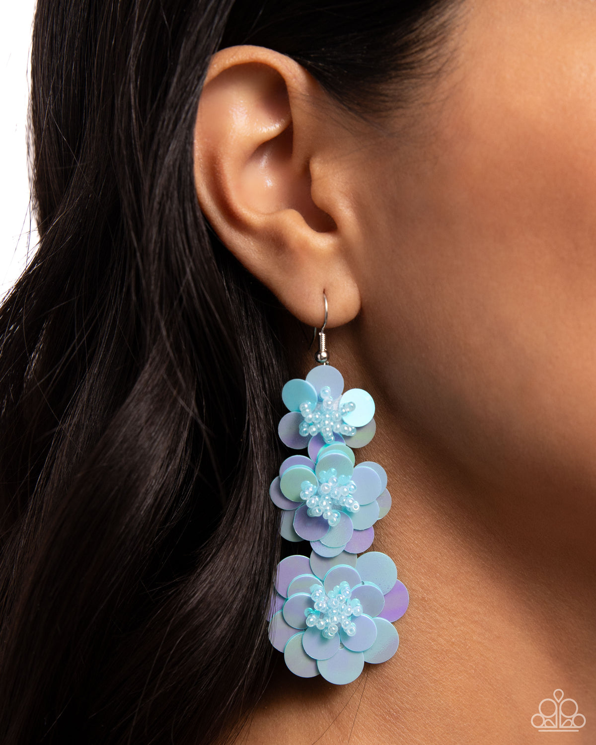 Beaded Bouquet Blue Sequin Floral Earrings - Paparazzi Accessories- on model - CarasShop.com - Paparazzi Jewelry by Cara Jewels