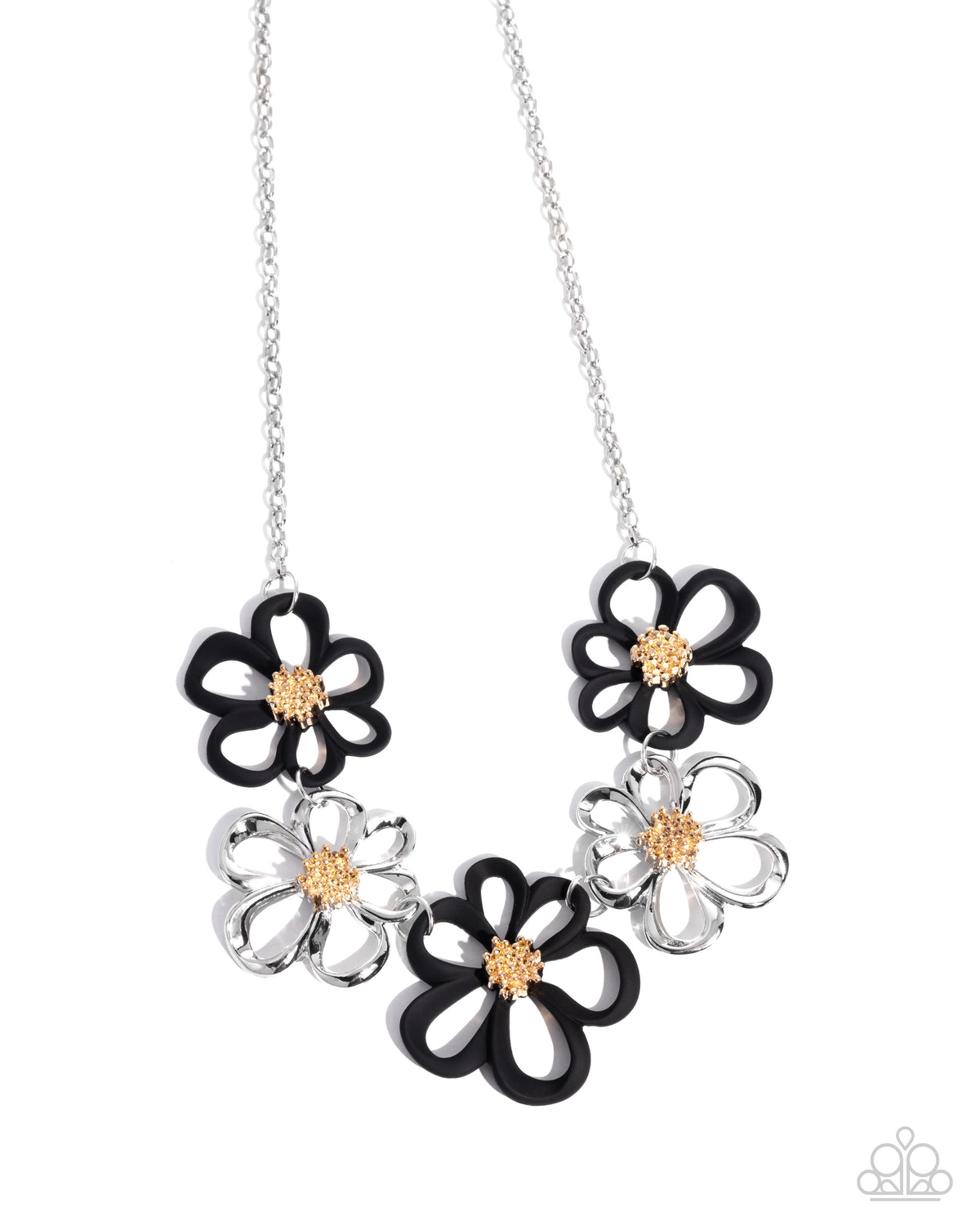 Beau Bouquet Black & Silver Flower Necklace - Paparazzi Accessories- lightbox - CarasShop.com - Paparazzi Jewelry by Cara Jewels