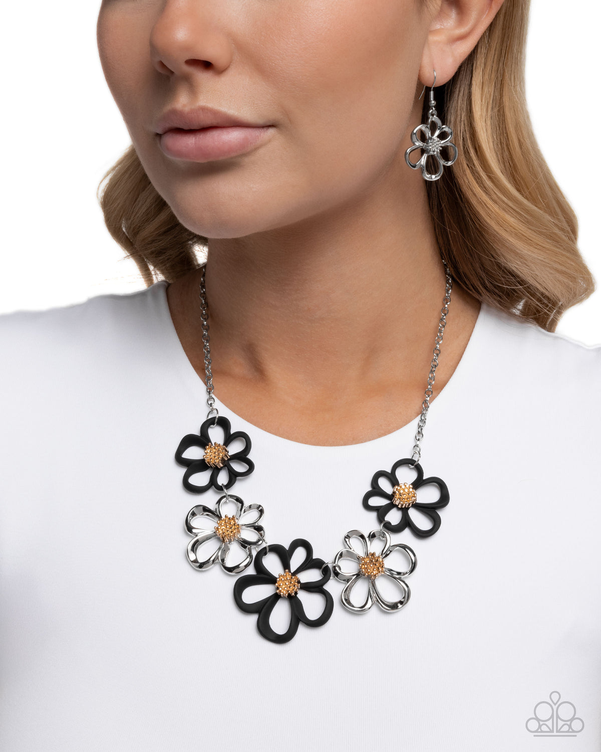 Beau Bouquet Black & Silver Flower Necklace - Paparazzi Accessories- on model - CarasShop.com - Paparazzi Jewelry by Cara Jewels
