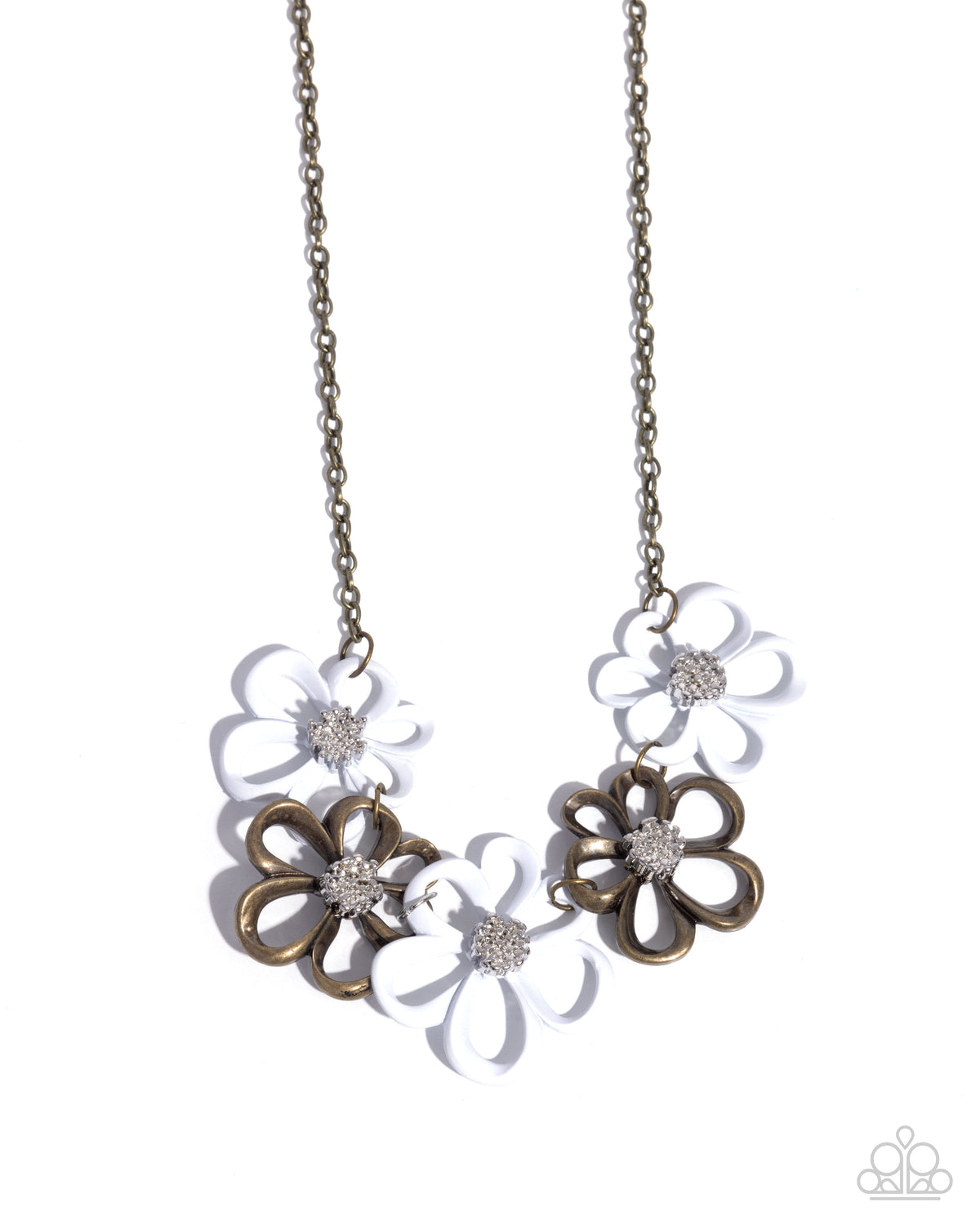 Beau Bouquet Brass & White Flower Necklace - Paparazzi Accessories- lightbox - CarasShop.com - Paparazzi Jewelry by Cara Jewels
