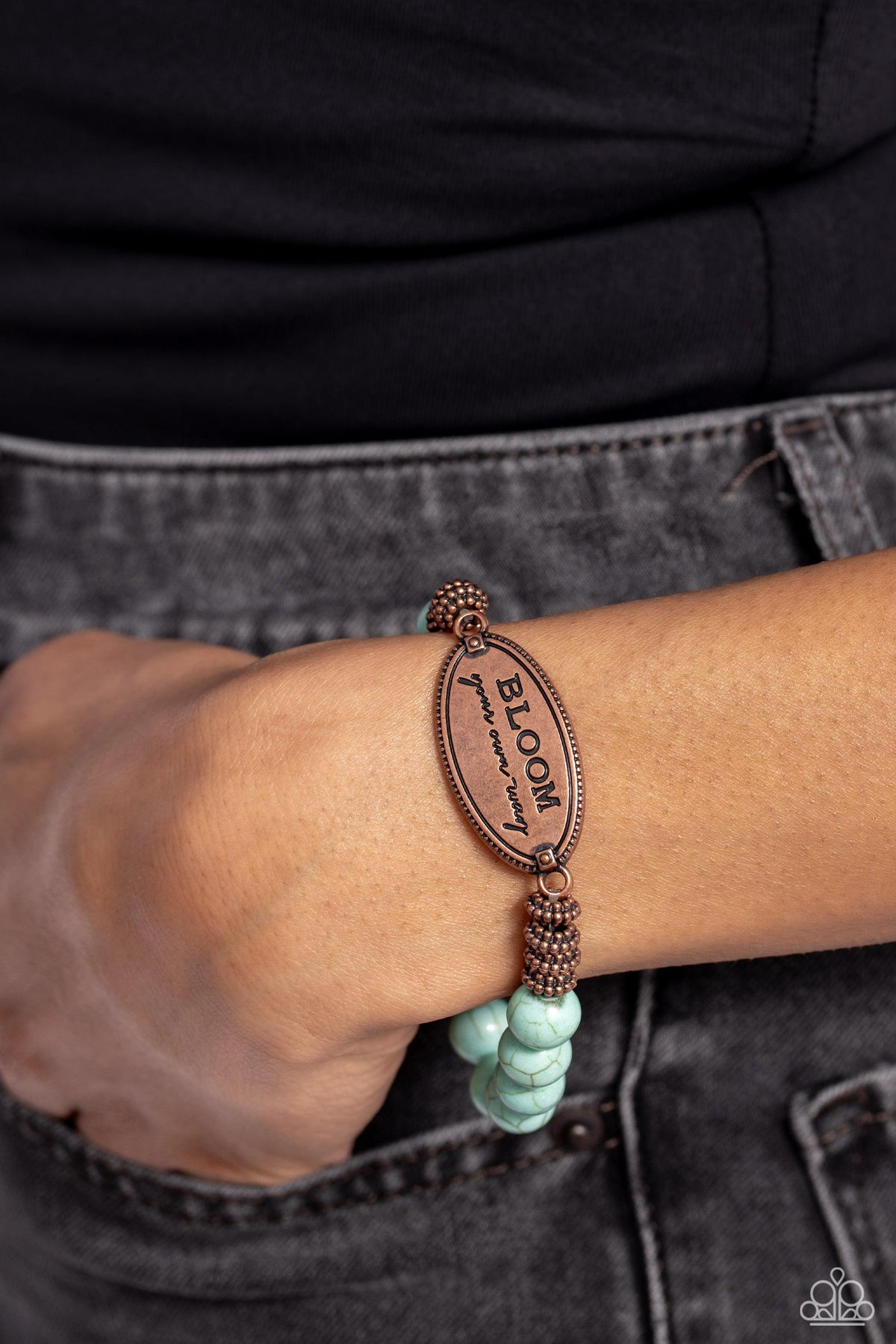 Bedouin Bloom Copper & Turquoise Blue Stone Inspirational Bracelet - Paparazzi Accessories- on model - CarasShop.com - Paparazzi Jewelry by Cara Jewels