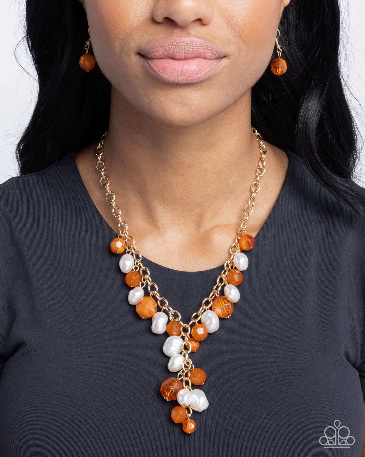 Beehive Barrage Orange & White Pearl Necklace - Paparazzi Accessories- on model - CarasShop.com - Paparazzi Jewelry by Cara Jewels