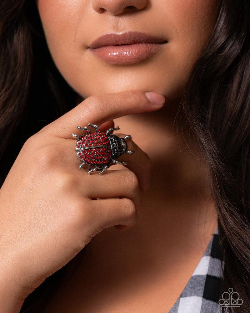 Beetle Bling Red & Black Rhinestone Ring - Paparazzi Accessories-on model - CarasShop.com - Paparazzi Jewelry by Cara Jewels