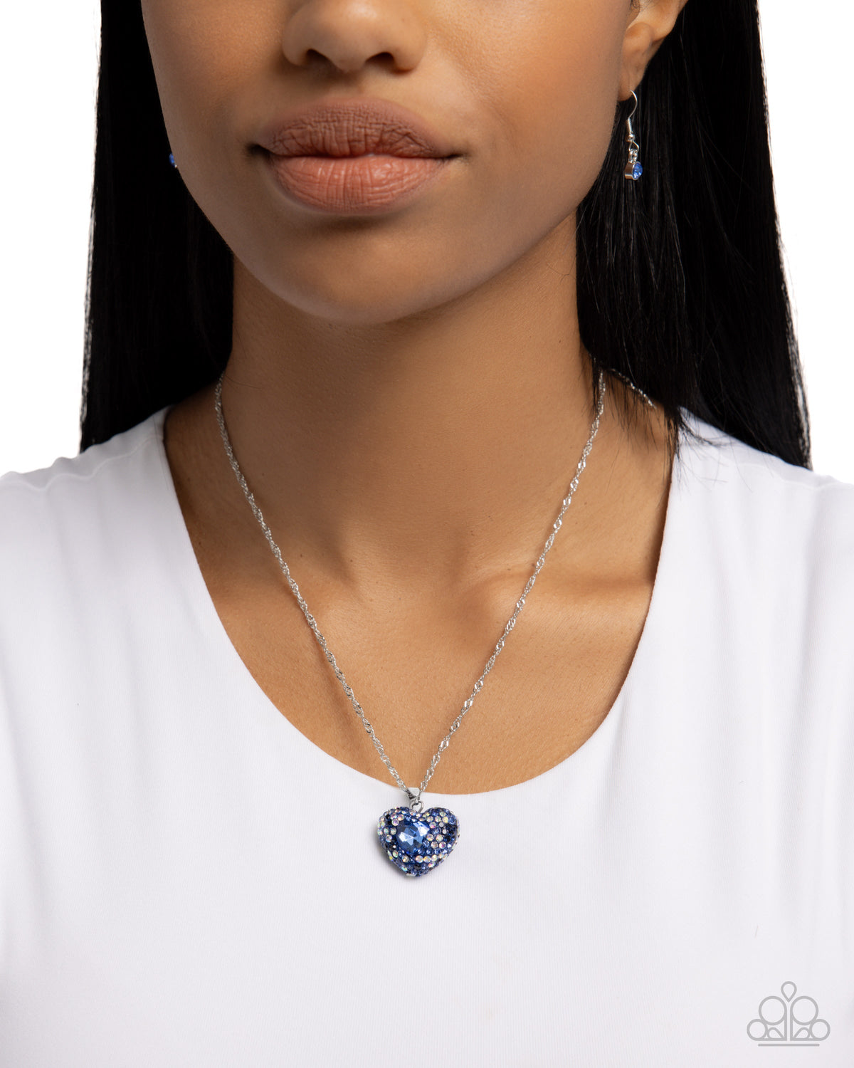 Best Of My Heart Blue & White Rhinestone Heart Necklace - Paparazzi Accessories- on model - CarasShop.com - Paparazzi Jewelry by Cara Jewels