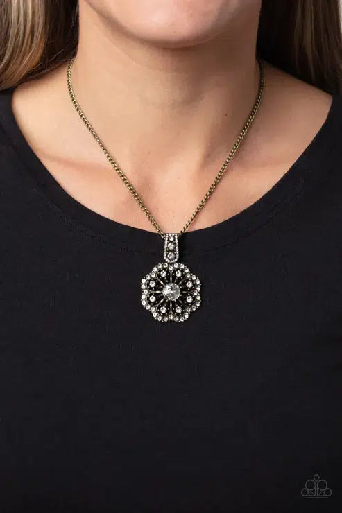 Bewitching Brilliance Brass Necklace - Paparazzi Accessories- on model - CarasShop.com - Paparazzi Jewelry by Cara Jewels