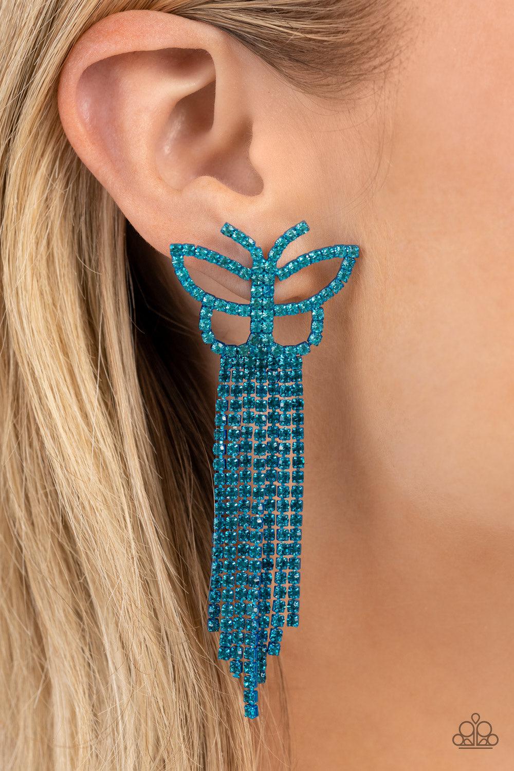 Billowing Butterflies Blue Earrings - Paparazzi Accessories- on model - CarasShop.com - Paparazzi Jewelry by Cara Jewels