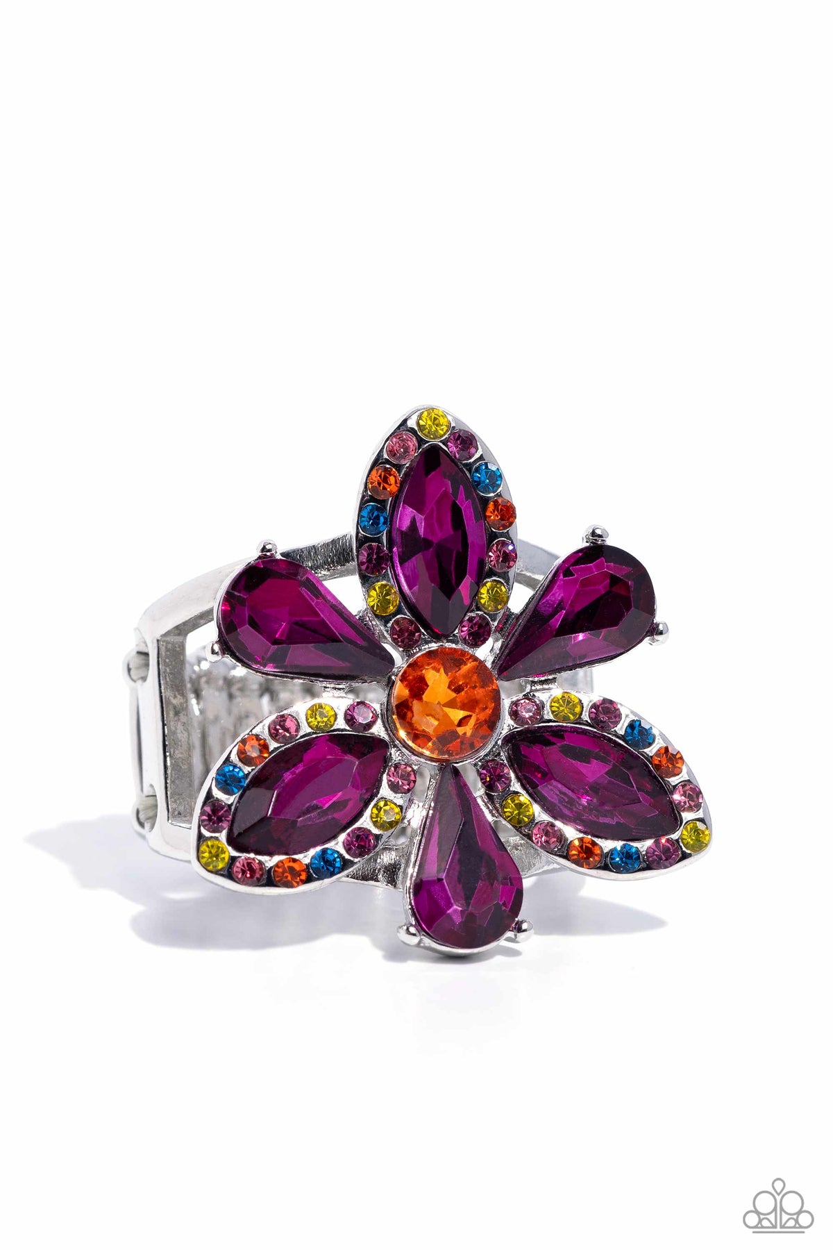 Blazing Blooms Multi & Purple Rhinestone Floral Ring - Paparazzi Accessories- lightbox - CarasShop.com - Paparazzi Jewelry by Cara Jewels