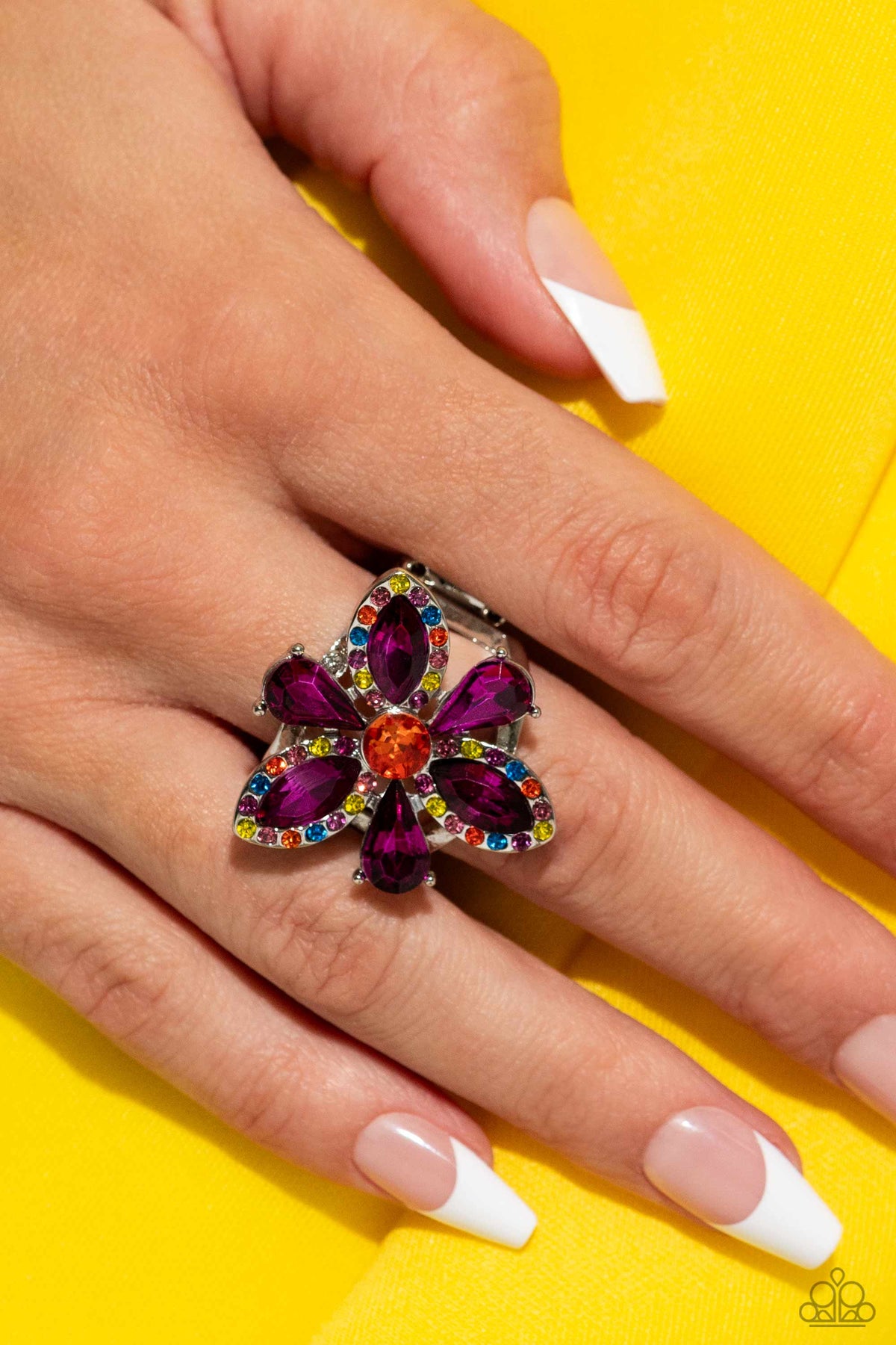 Blazing Blooms Multi & Purple Rhinestone Floral Ring - Paparazzi Accessories- on model - CarasShop.com - Paparazzi Jewelry by Cara Jewels