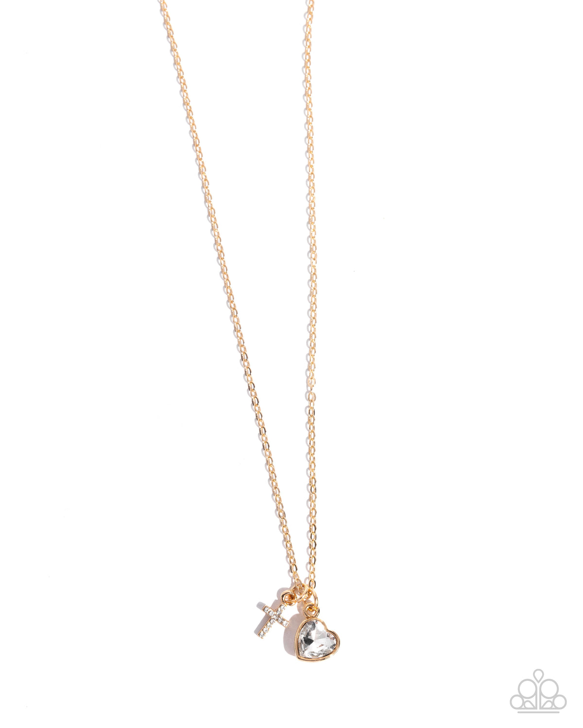 Blessed Brilliance Gold & White Gem Heart & Cross Necklace - Paparazzi Accessories- lightbox - CarasShop.com - Paparazzi Jewelry by Cara Jewels
