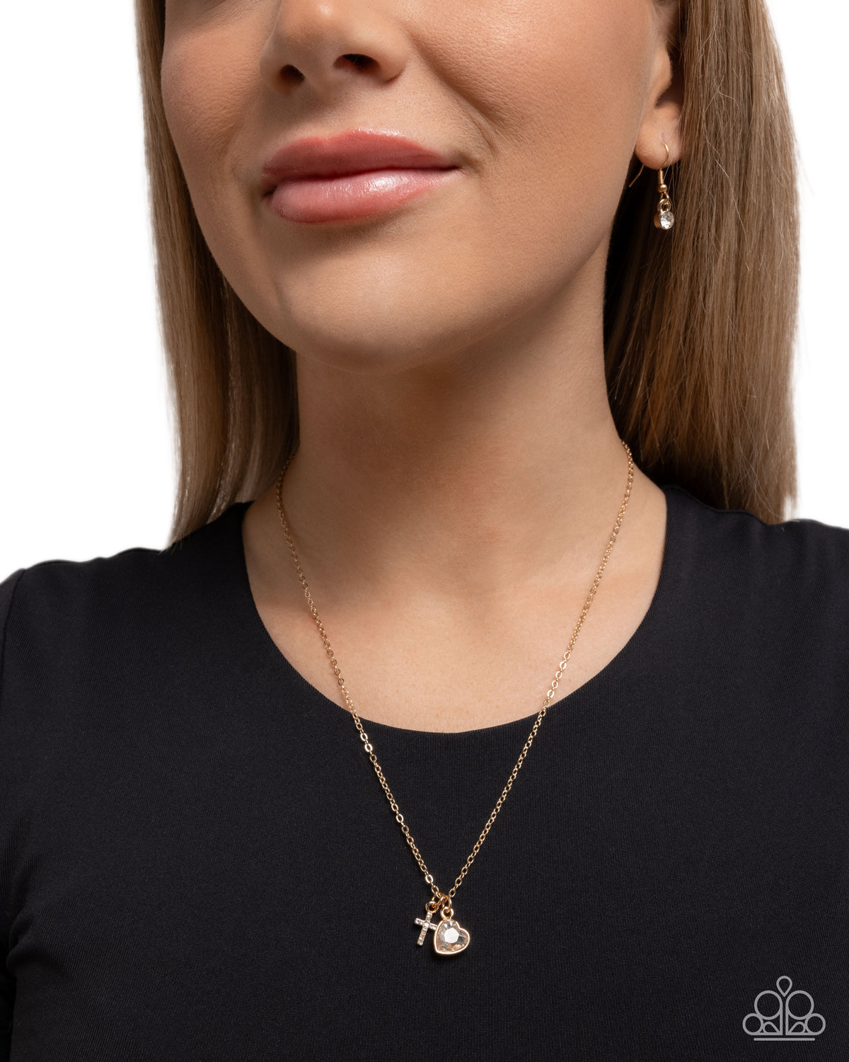 Blessed Brilliance Gold & White Gem Heart & Cross Necklace - Paparazzi Accessories- on model - CarasShop.com - Paparazzi Jewelry by Cara Jewels