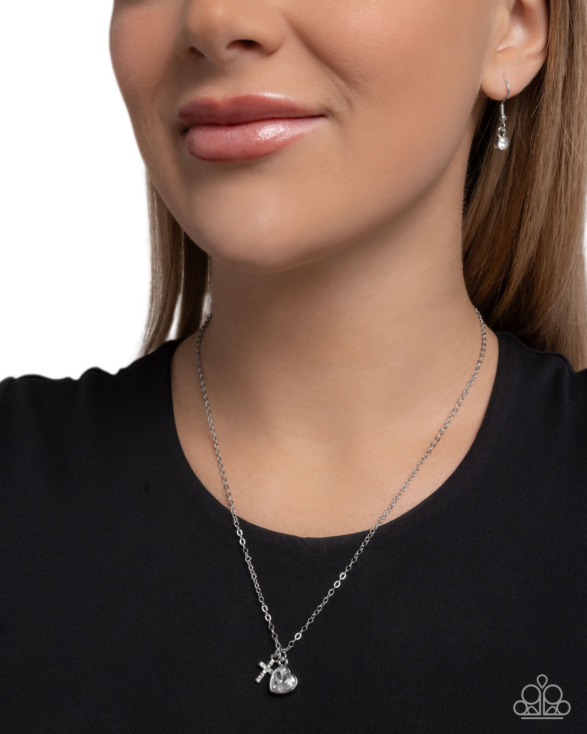 Blessed Brilliance White Rhinestone Heart & Cross Necklace - Paparazzi Accessories-on model - CarasShop.com - Paparazzi Jewelry by Cara Jewels