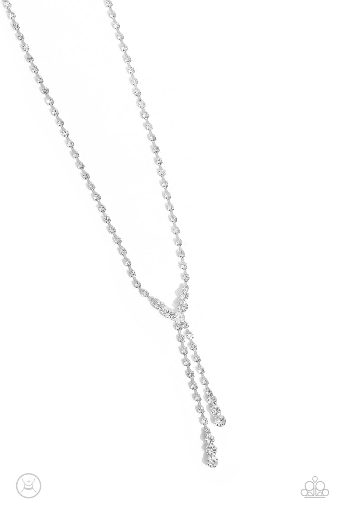 Blinding Balance White Rhinestone Necklace - Paparazzi Accessories- on model - CarasShop.com - Paparazzi Jewelry by Cara Jewels