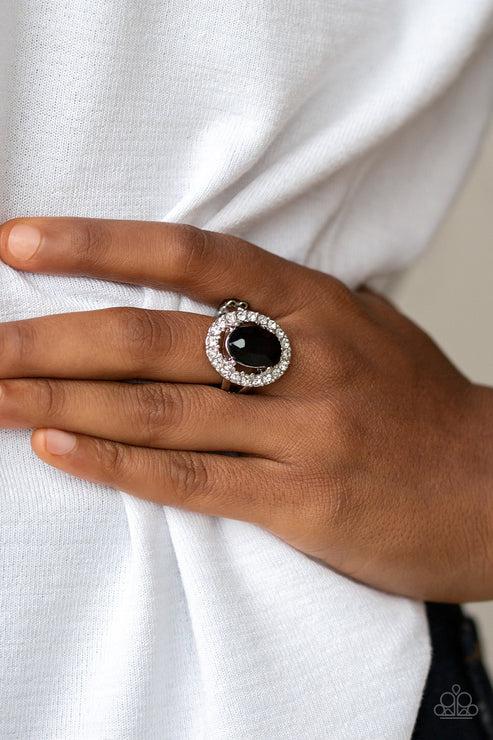 Bling Blitz Black and White Rhinestone Ring - Paparazzi Accessories- on model - CarasShop.com - Paparazzi Jewelry by Cara Jewels