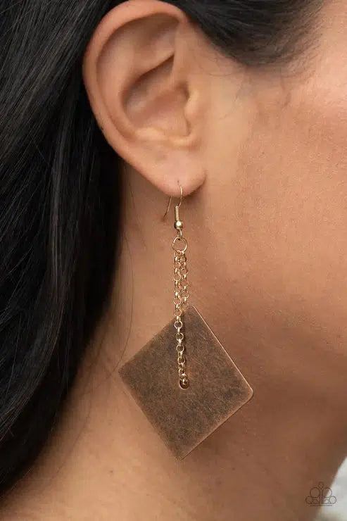Block Party Posh Copper Earrings - Paparazzi Accessories- on model - CarasShop.com - Paparazzi Jewelry by Cara Jewels