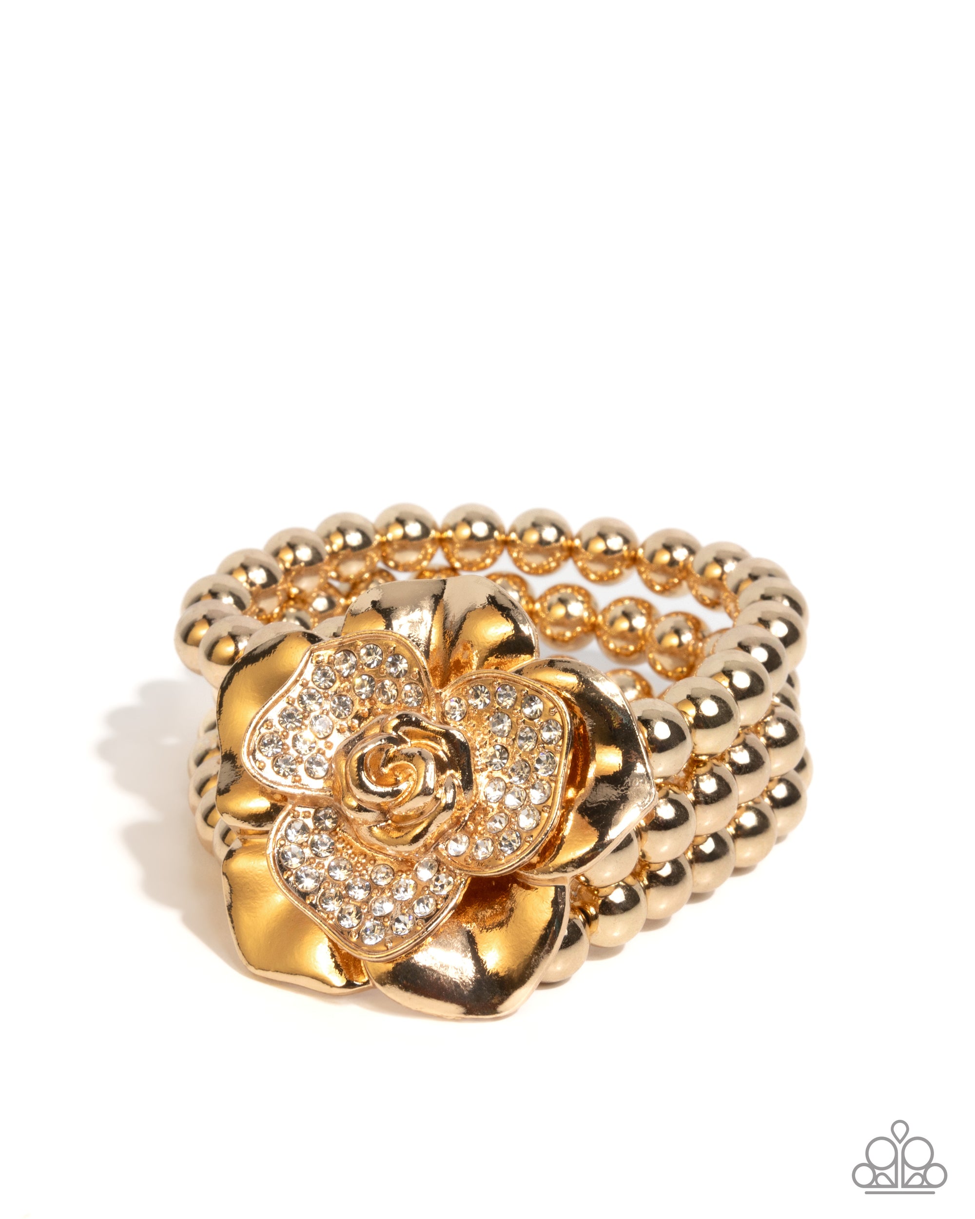 Blooming Background Gold & White Rhinestone Flower Bracelet - Paparazzi Accessories- lightbox - CarasShop.com - Paparazzi Jewelry by Cara Jewels