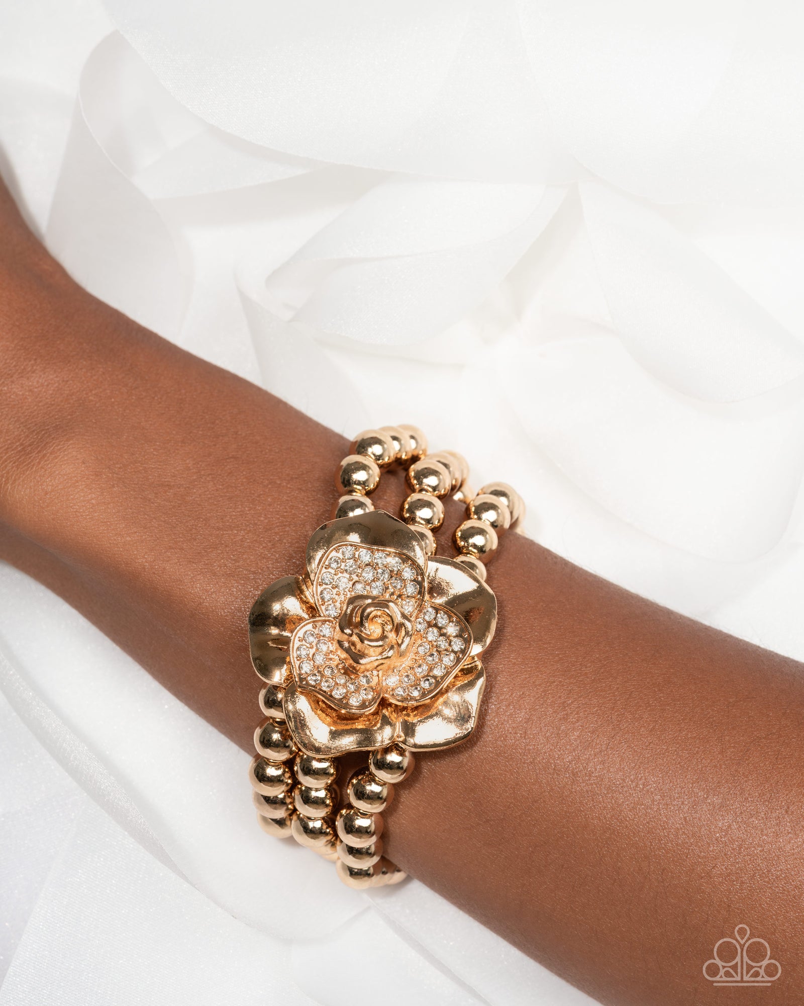 Blooming Background Gold & White Rhinestone Flower Bracelet - Paparazzi Accessories- lightbox - CarasShop.com - Paparazzi Jewelry by Cara Jewels