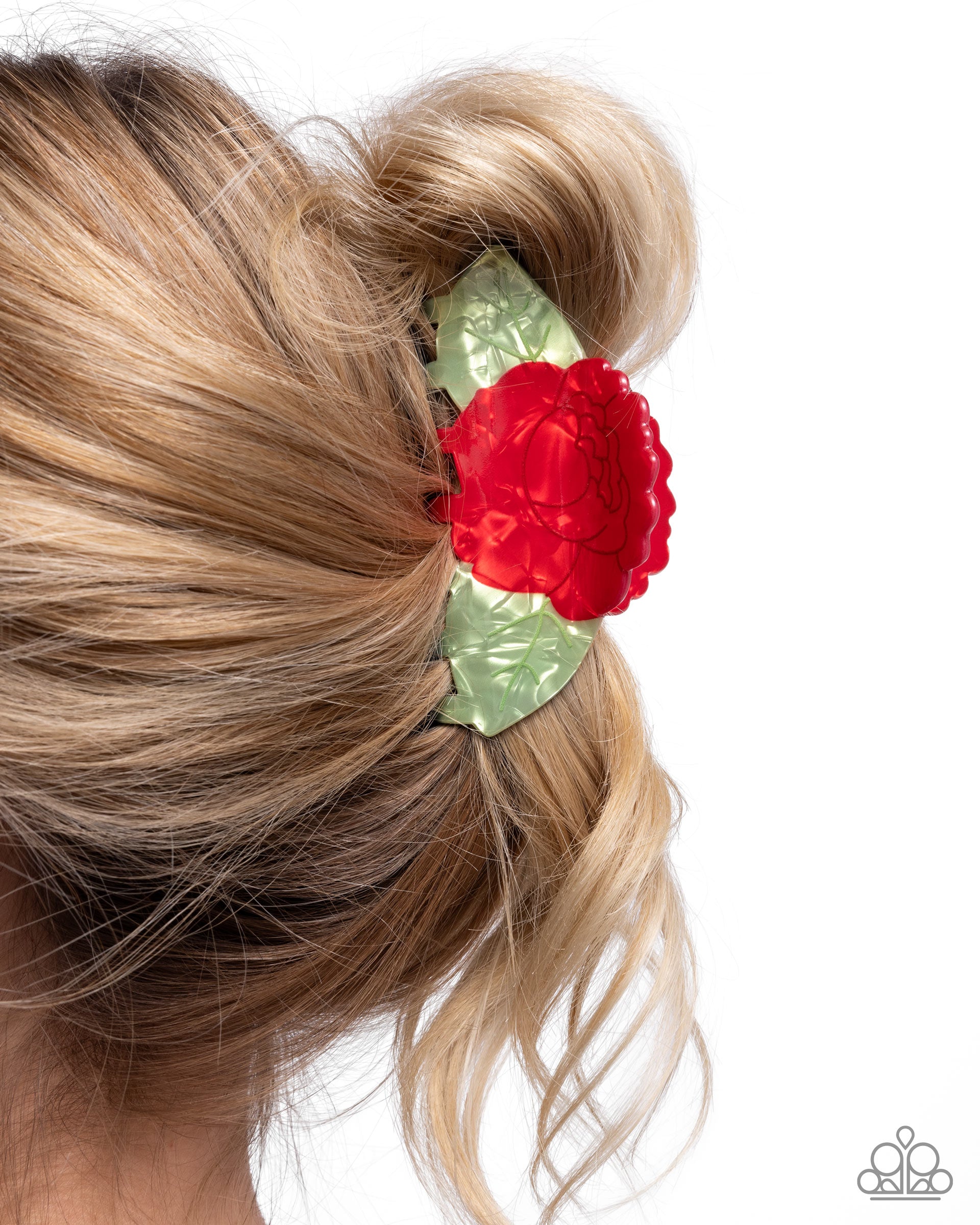 Blooming Baddie Red & Green Floral Hair Claw - Paparazzi Accessories- lightbox - CarasShop.com - Paparazzi Jewelry by Cara Jewels