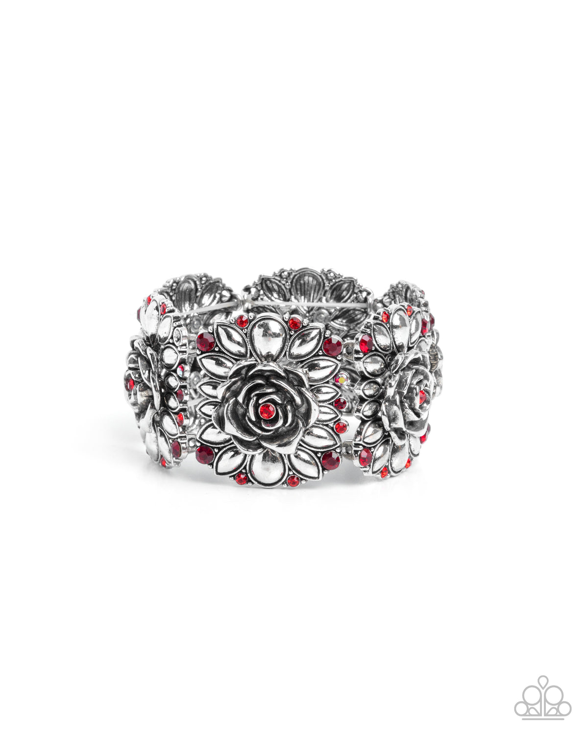 Blooming Balance Red Rhinestone & Silver Rose Bracelet - Paparazzi Accessories- lightbox - CarasShop.com - Paparazzi Jewelry by Cara Jewels