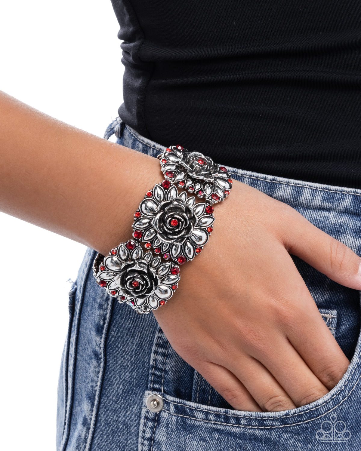 Blooming Balance Red Rhinestone & Silver Rose Bracelet - Paparazzi Accessories-on model - CarasShop.com - Paparazzi Jewelry by Cara Jewels