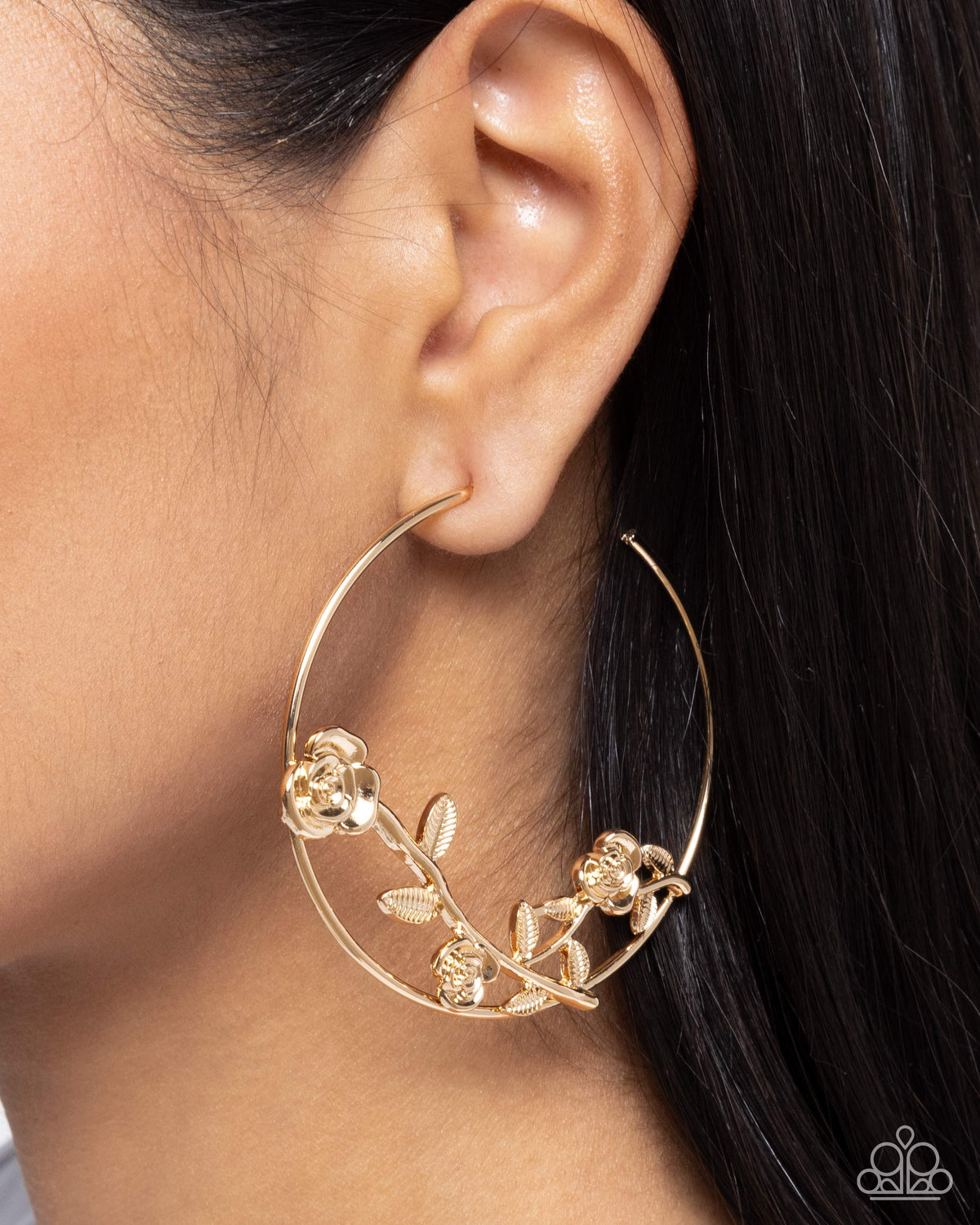 Blooming Benefit Gold Floral Hoop Earrings - Paparazzi Accessories- on model - CarasShop.com - Paparazzi Jewelry by Cara Jewels